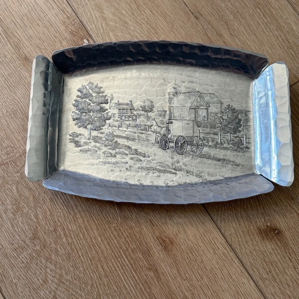 Wendell August Forge Hammered Aluminum Tray Amish Horse Buggy Farm Scene USA